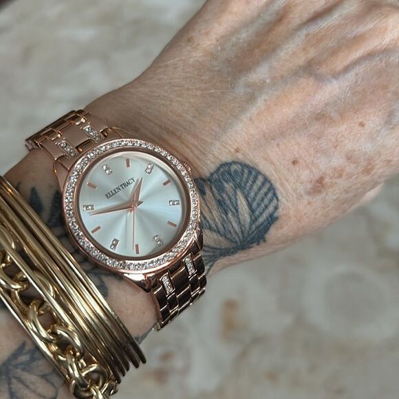 Ellen Tracy Rose Gold Tone Crystal Accent Link Bracelet Band Watch 7.5” - Picture 11 of 11